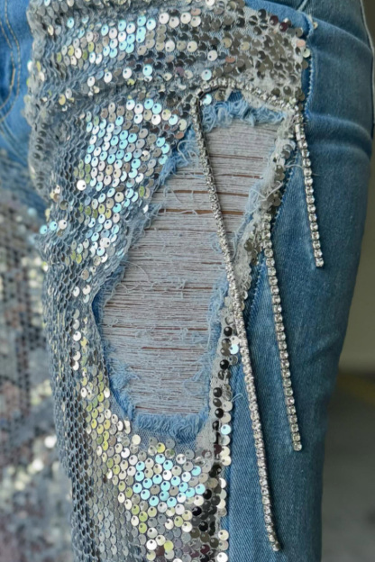 Ladies' Sequin Patchwork Wide-Leg Jeans