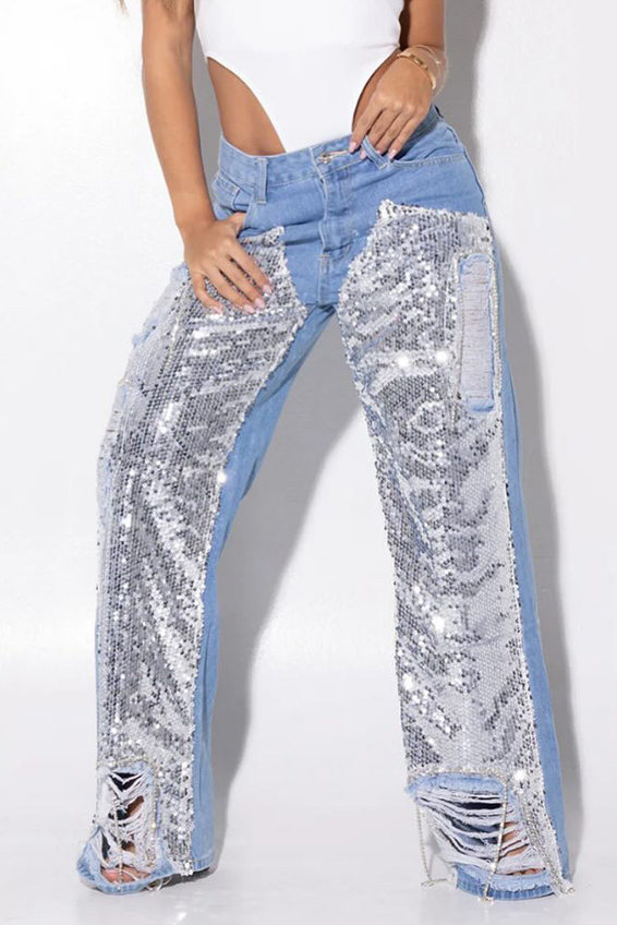 Ladies' Sequin Patchwork Wide-Leg Jeans