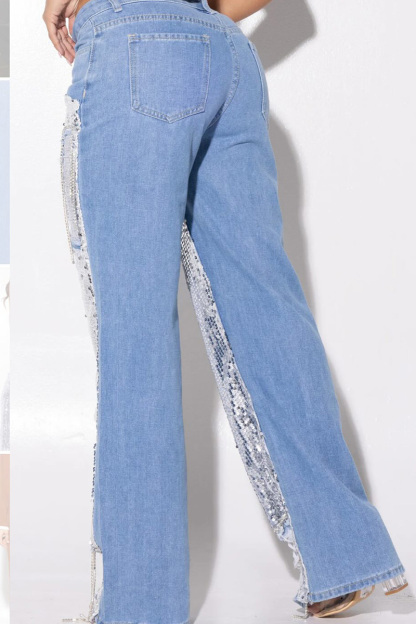 Ladies' Sequin Patchwork Wide-Leg Jeans