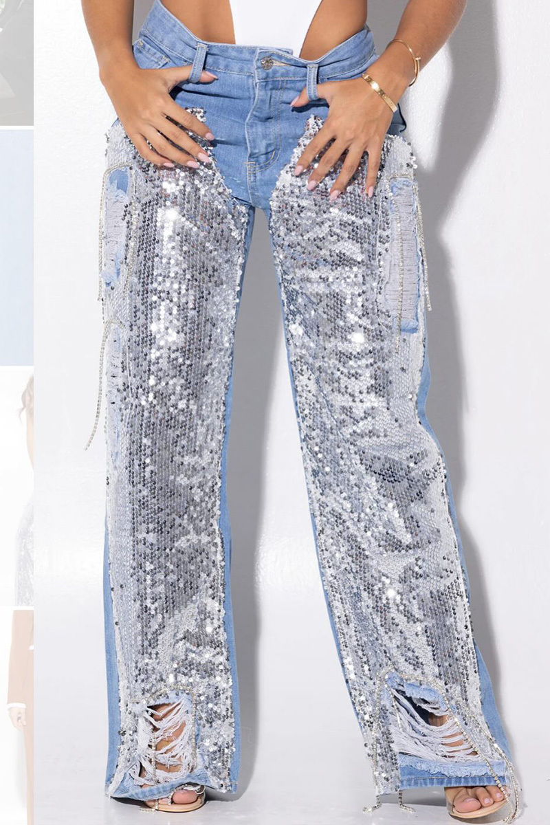 Ladies' Sequin Patchwork Wide-Leg Jeans