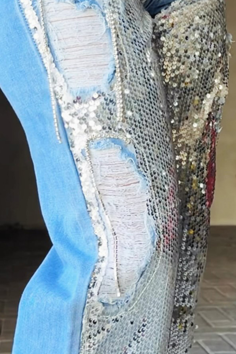 Ladies' Sequin Patchwork Wide-Leg Jeans