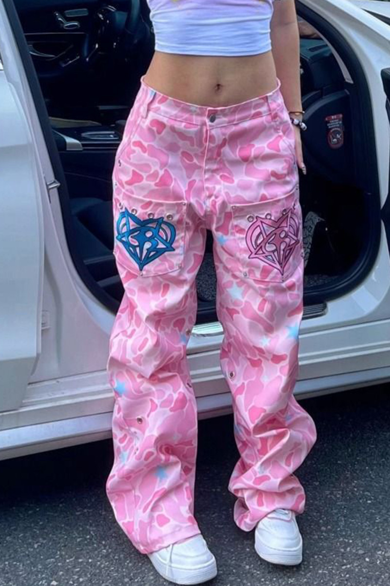 Women's Pink Camo Jeans With Bold Printed Design
