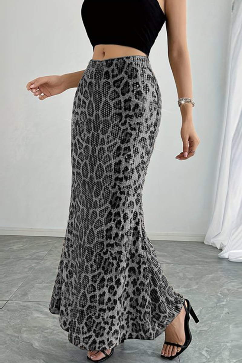 Ladies Fashion High-Waisted Leopard Print Stretchy A-Line Skirt