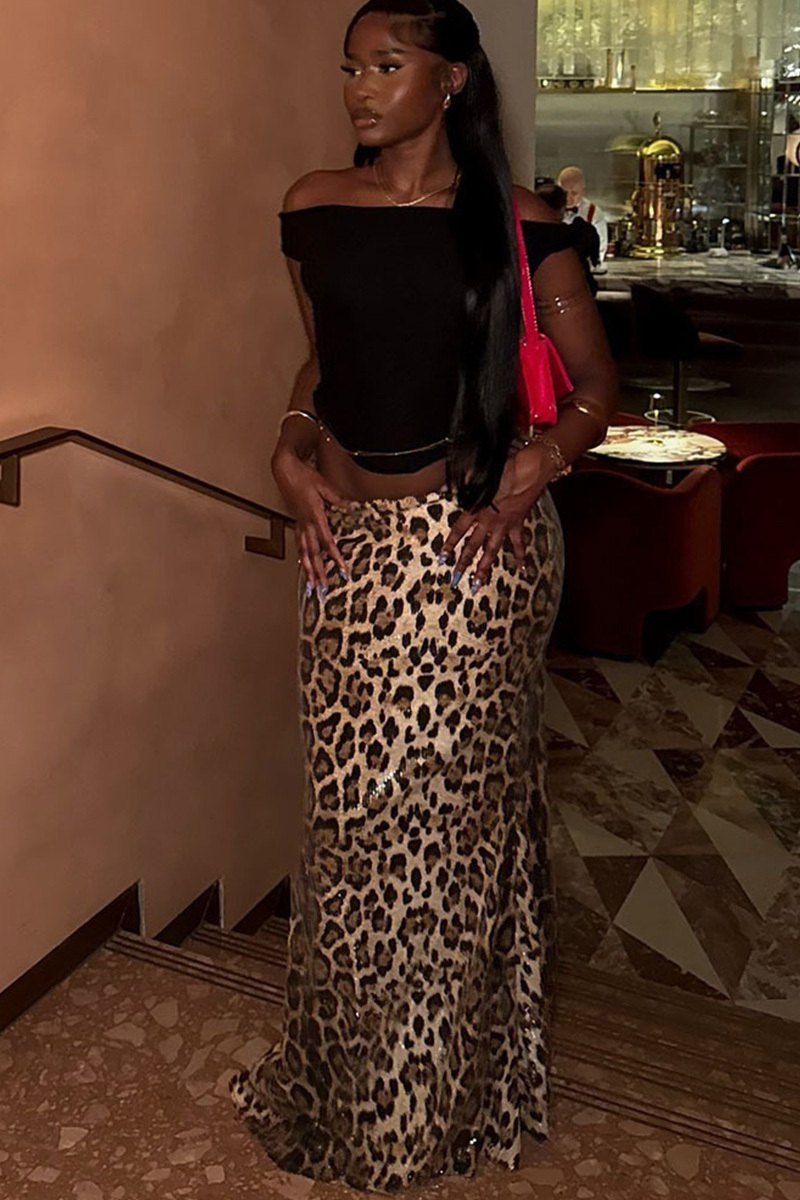 Ladies Fashion High-Waisted Leopard Print Stretchy A-Line Skirt