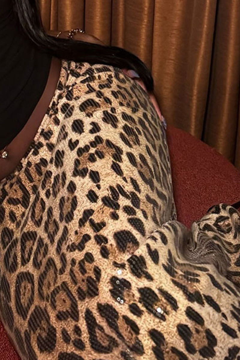 Ladies Fashion High-Waisted Leopard Print Stretchy A-Line Skirt