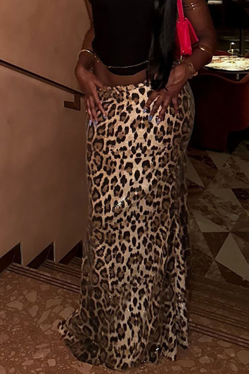 Ladies Fashion High-Waisted Leopard Print Stretchy A-Line Skirt