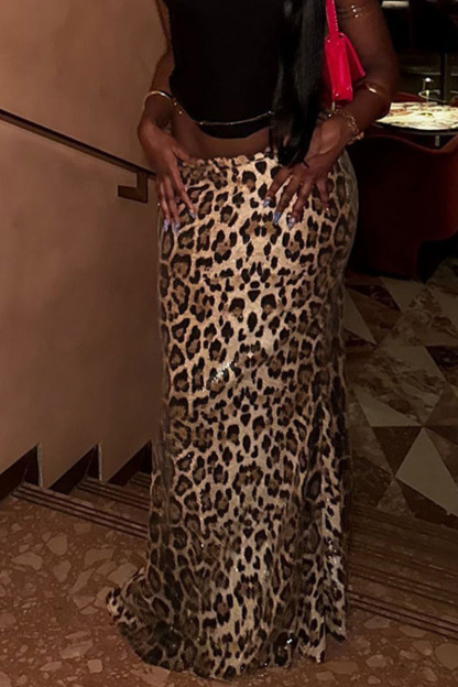 Ladies Fashion High-Waisted Leopard Print Stretchy A-Line Skirt