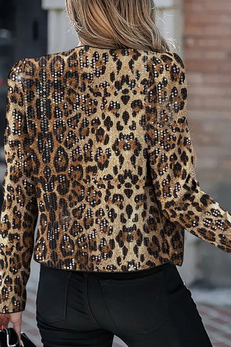 Chic Leopard Print Sequin Covered Long-Sleeve Jacket
