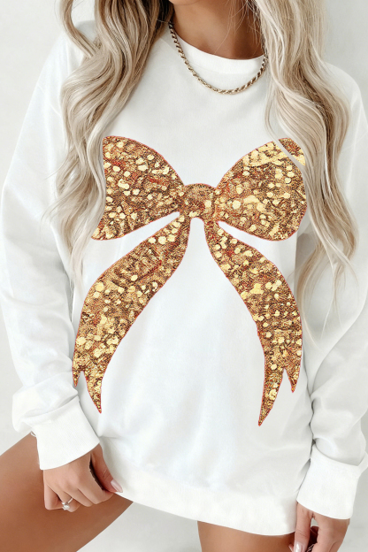 Elegant Christmas Party Dress With Golden Bow Long Sleeve Tops