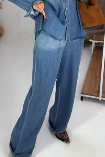Casual Hotfix Rhinestone Shirt + Wide Leg Jeans Suits