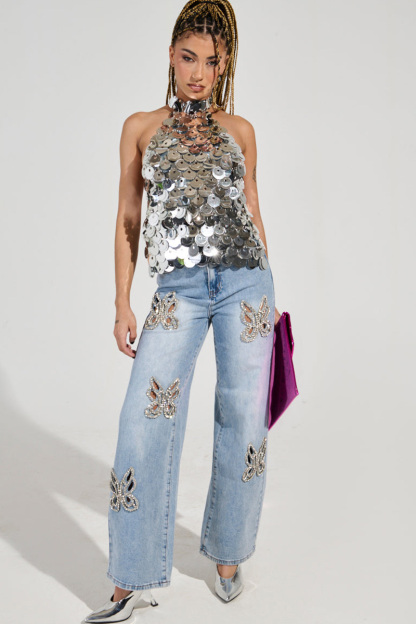 Elegant Crystal Butterfly Accent High-Waisted Jeans