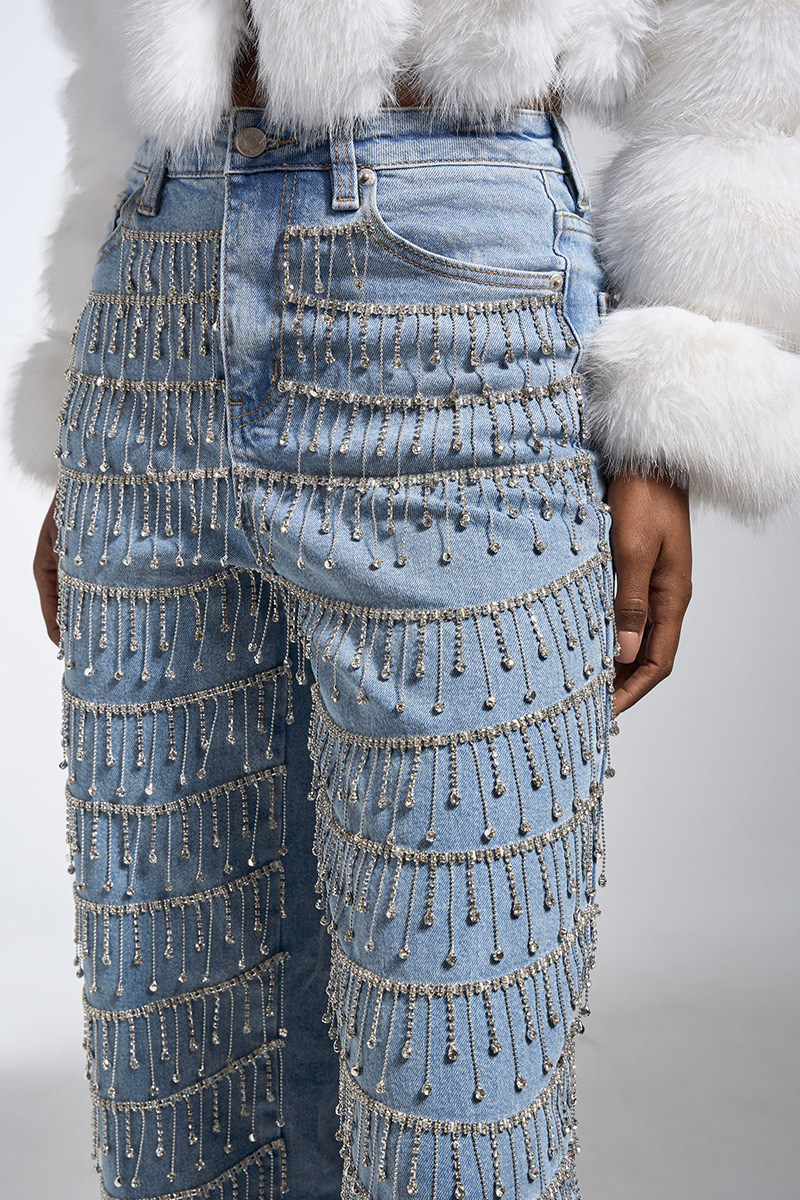 Crystal Droplet Tassel Wide-Leg Jeans