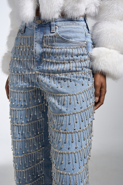 Crystal Droplet Tassel Wide-Leg Jeans