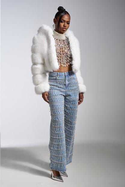 Crystal Droplet Tassel Wide-Leg Jeans