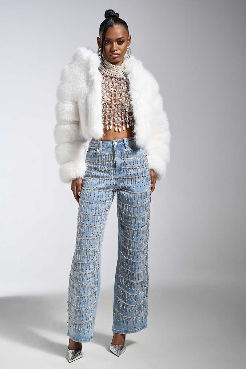 Crystal Droplet Tassel Wide-Leg Jeans