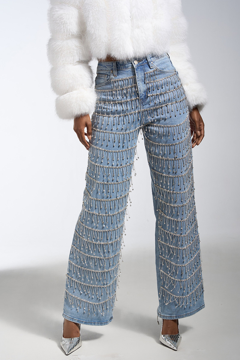 Crystal Droplet Tassel Wide-Leg Jeans
