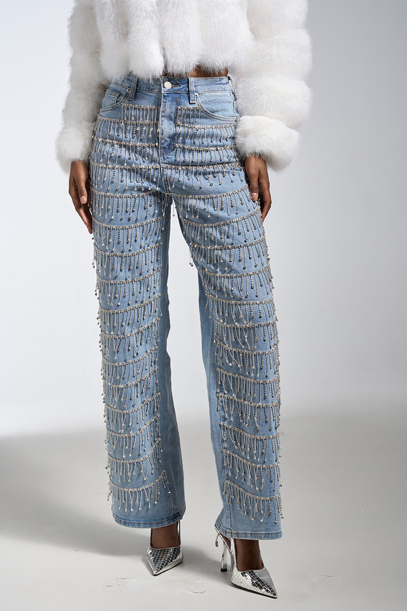 Crystal Droplet Tassel Wide-Leg Jeans