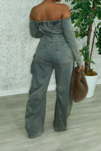 Multi-Pocket Relaxed Fit Denim Jumpsuit For Women