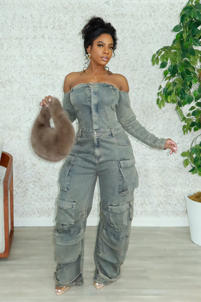 Multi-Pocket Relaxed Fit Denim Jumpsuit For Women
