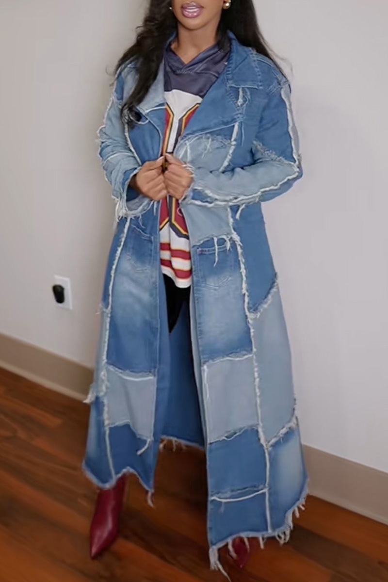 Edgy Distressed Denim & Fabric Patchwork Coat For Women