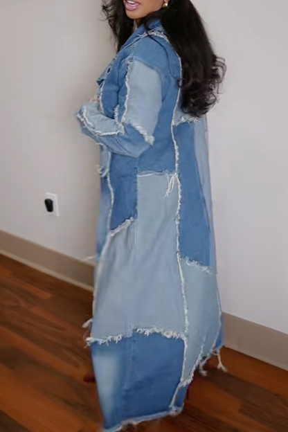 Edgy Distressed Denim & Fabric Patchwork Coat For Women