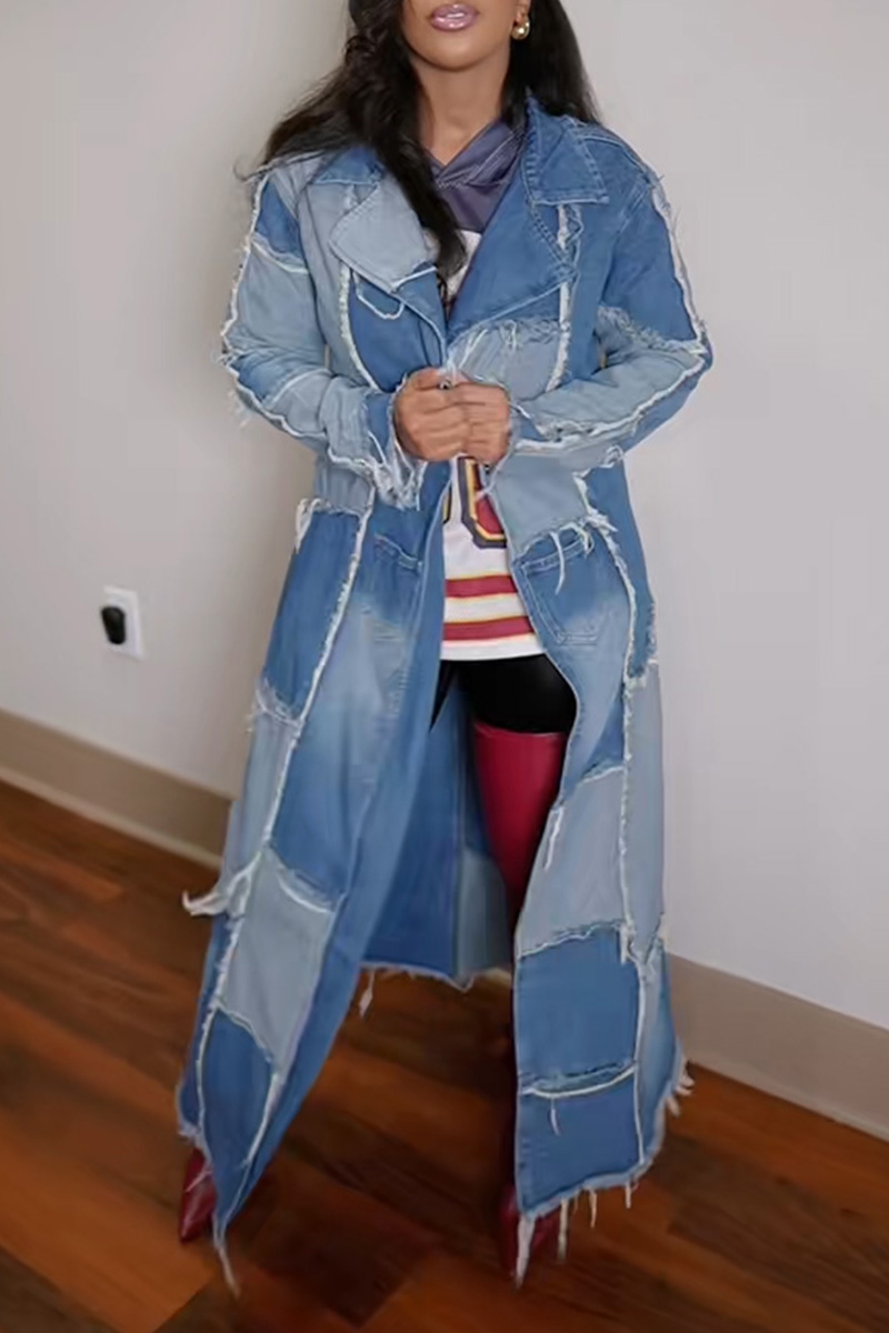 Edgy Distressed Denim & Fabric Patchwork Coat For Women