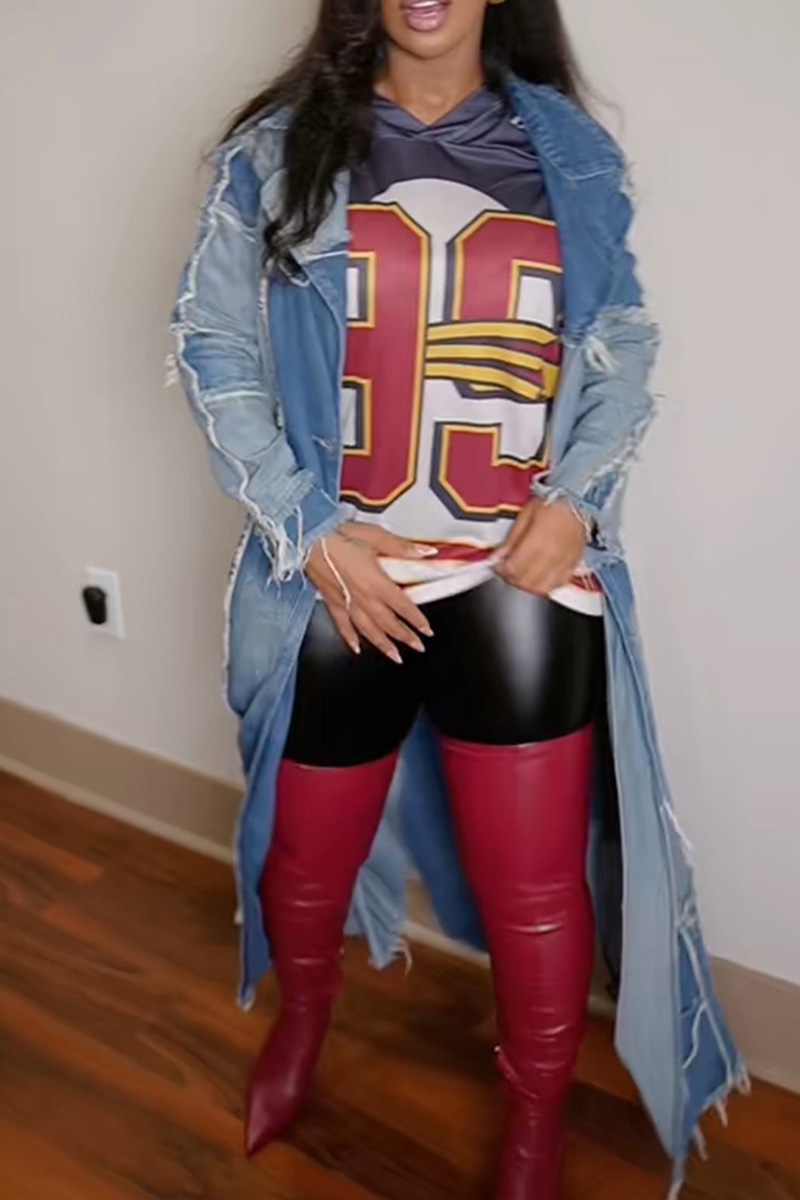 Edgy Distressed Denim & Fabric Patchwork Coat For Women