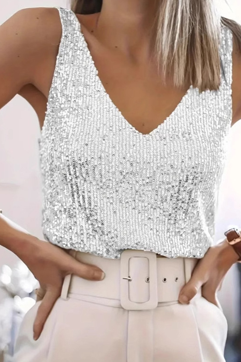 Glam Sequin Glitter V-Neck Sleeveless Top