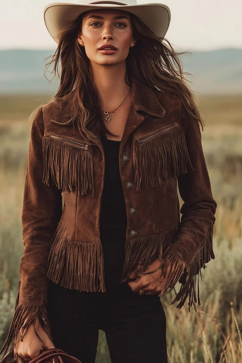 Western Suede Leather Jacket With Notch Lapel For Women