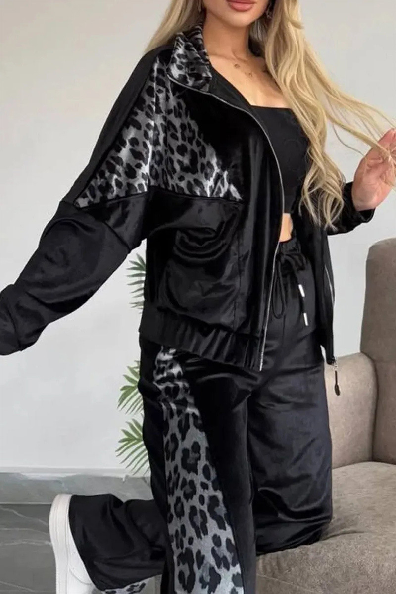 Lady Leopard Print Homewear Jacket+ Trousers Set