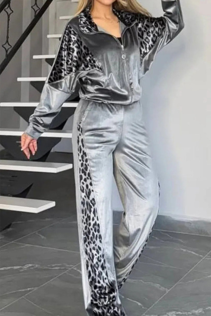 Lady Leopard Print Homewear Jacket+ Trousers Set