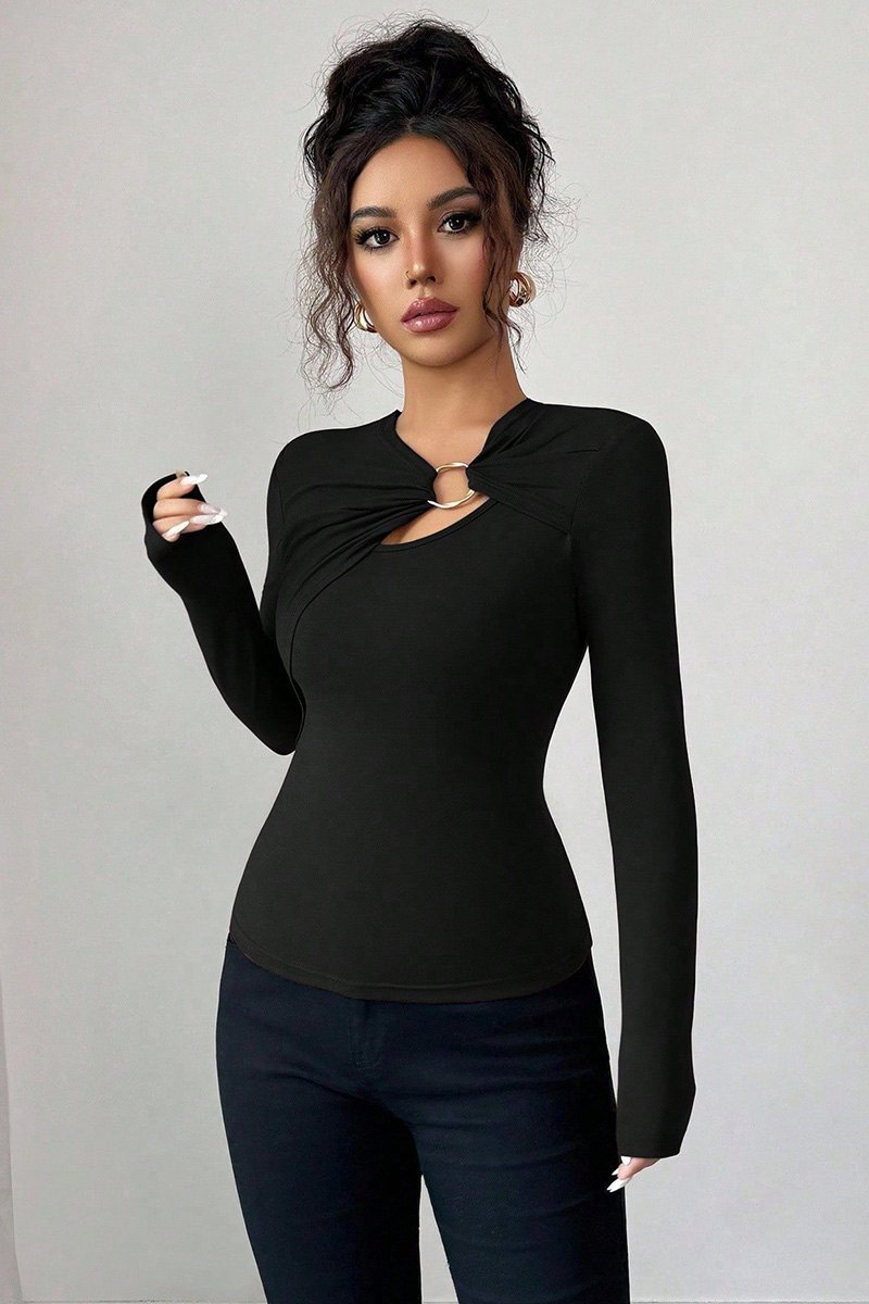 Lady's Asymmetric Hollow-Out Metal Decoration Top