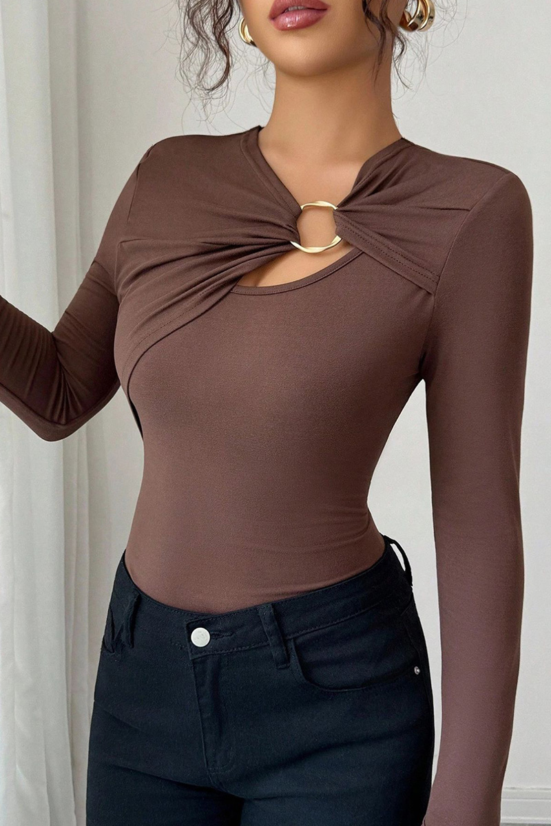 Lady's Asymmetric Hollow-Out Metal Decoration Top