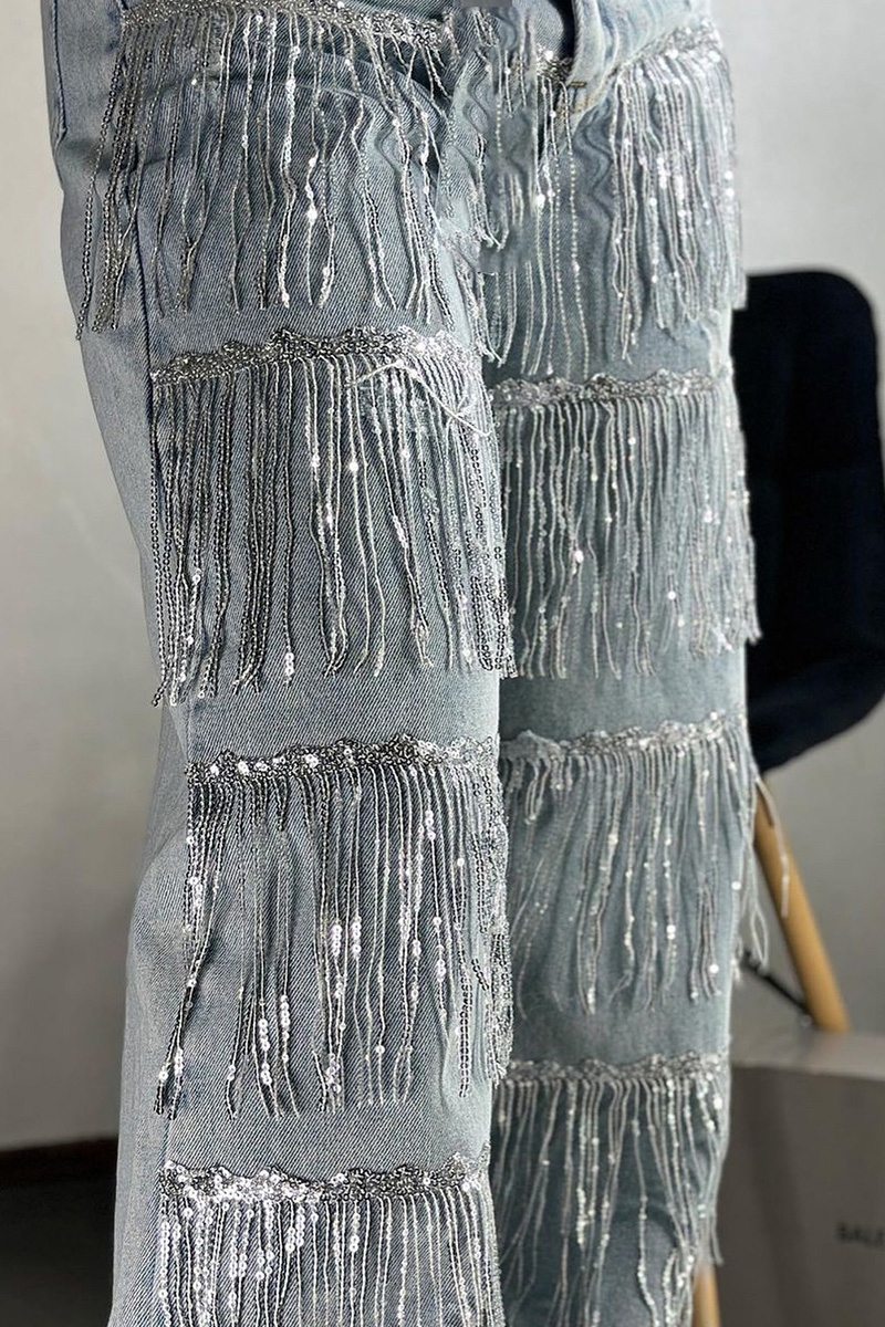 Women's Sequin Fringe Straight-Leg Jeans