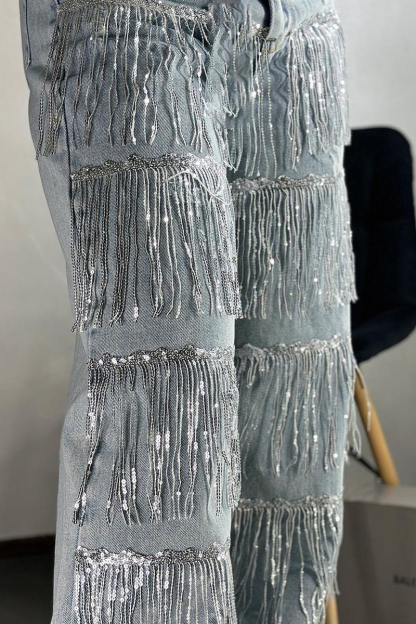 Women's Sequin Fringe Straight-Leg Jeans