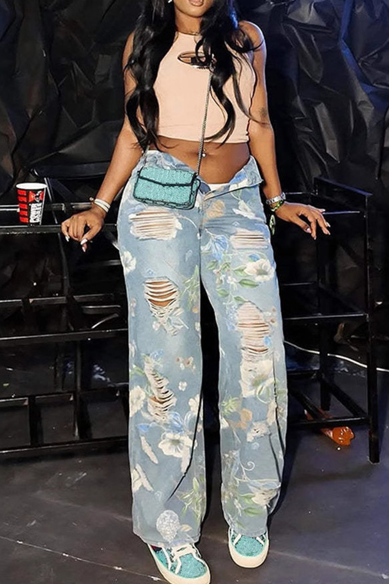 Women's Street Floral Graffiti Print Distressed Jeans