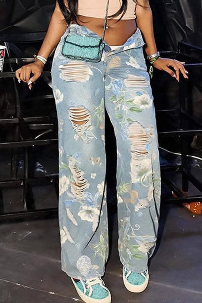 Women's Street Floral Graffiti Print Distressed Jeans