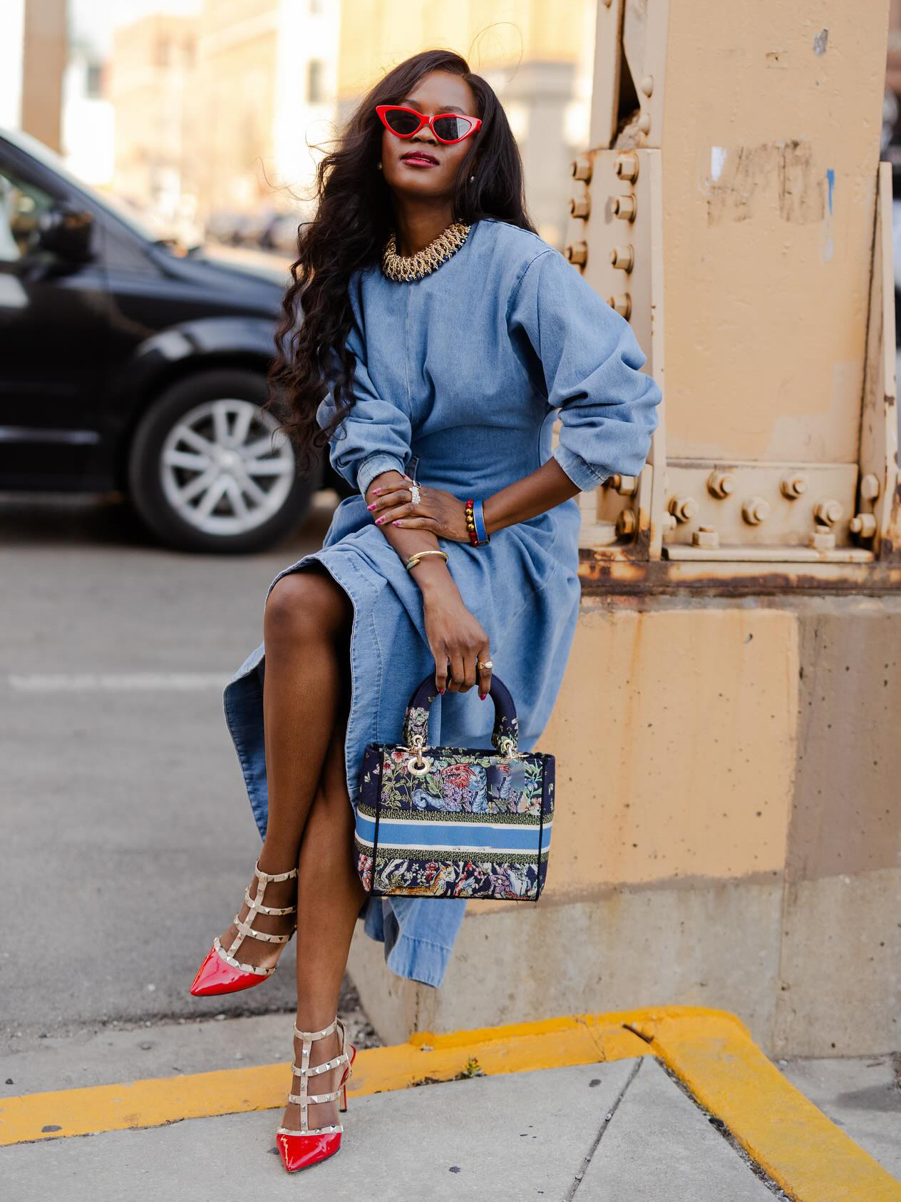 Women's Elegant Adjustable Waist Wash Denim Maxi Dress