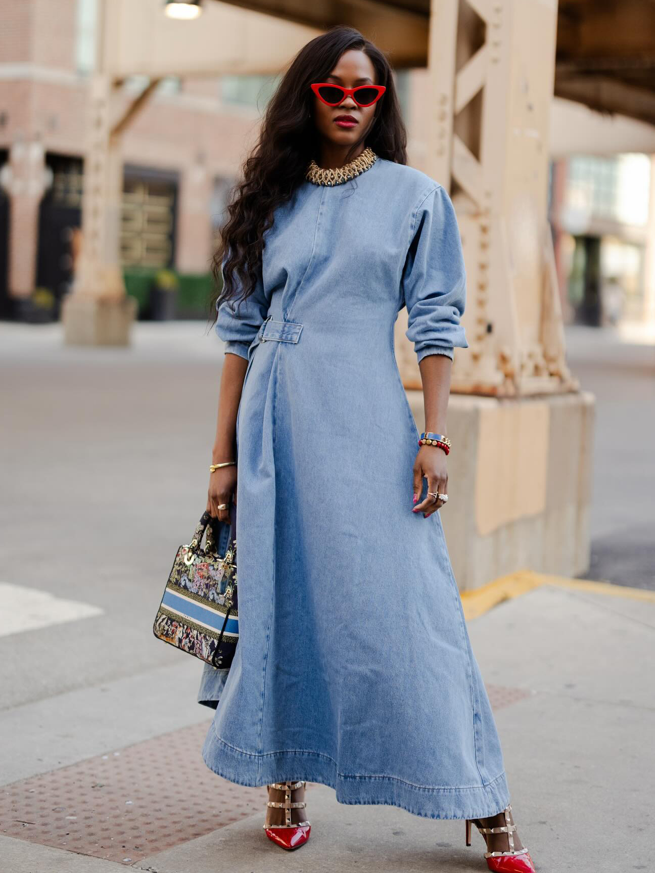 Women's Elegant Adjustable Waist Wash Denim Maxi Dress