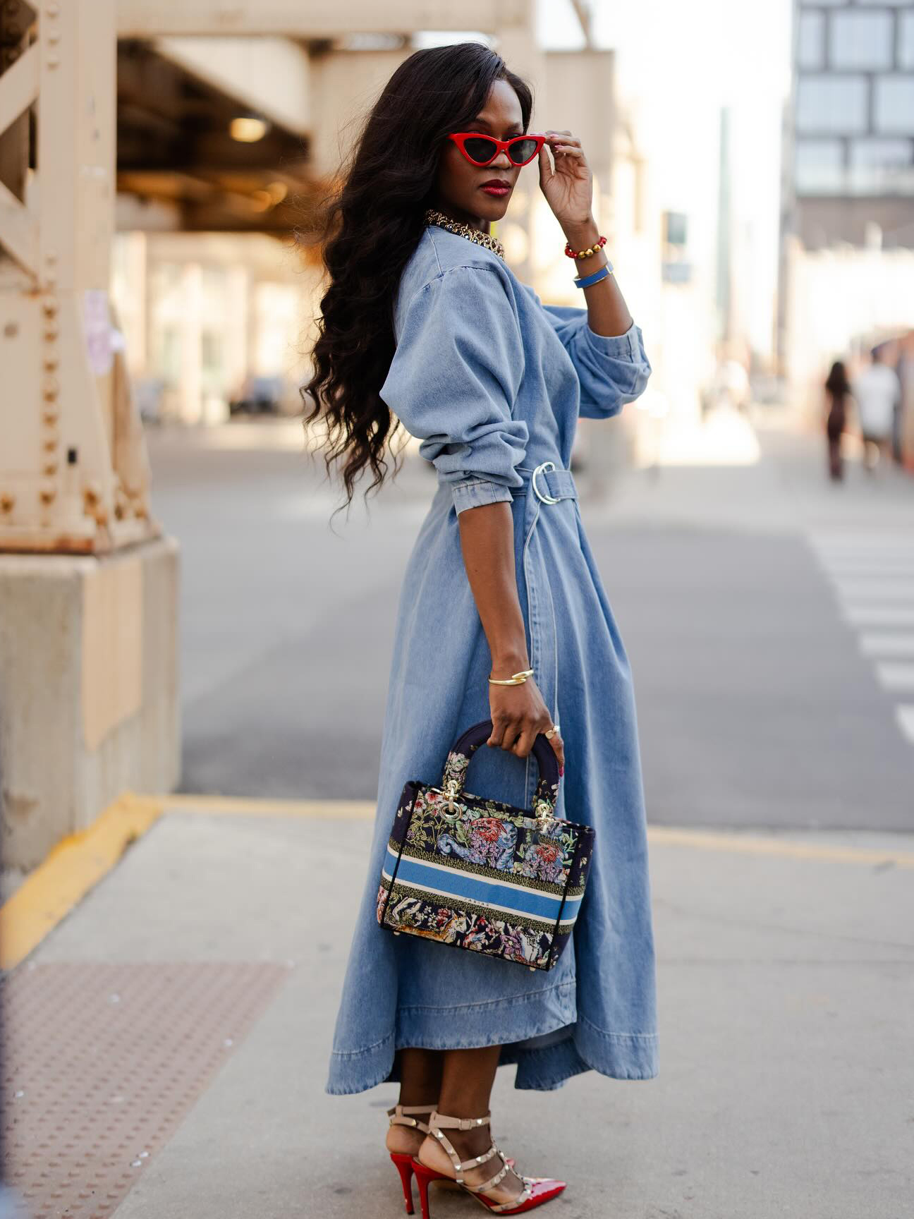 Women's Elegant Adjustable Waist Wash Denim Maxi Dress