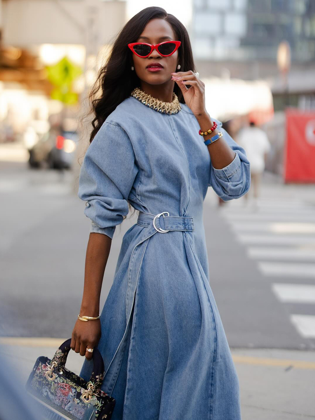 Women's Elegant Adjustable Waist Wash Denim Maxi Dress