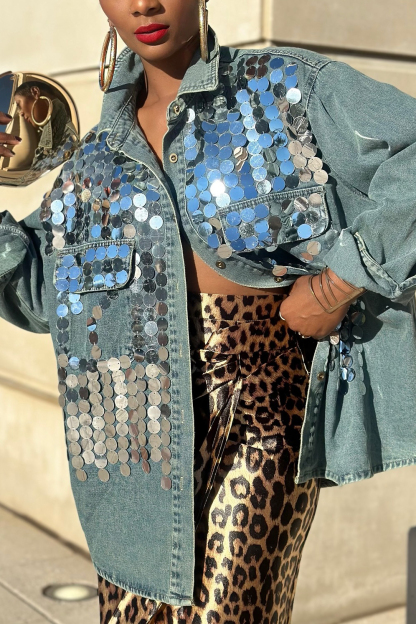 Glamorous Women's Standout Style Sequin Denim Jacket