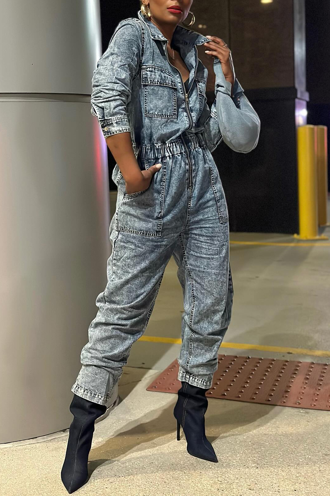 Vintage Wash Zip-Up Denim Jumpsuit for Women
