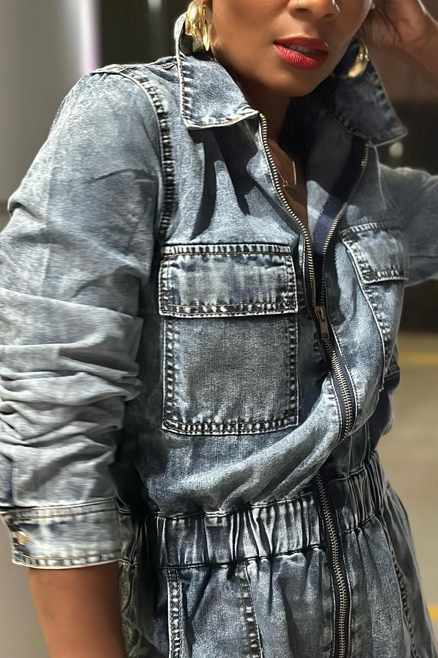 Vintage Wash Zip-Up Denim Jumpsuit for Women