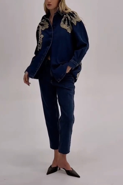 Lady's Sequin Patchwork Denim Long Sleeve Shirt