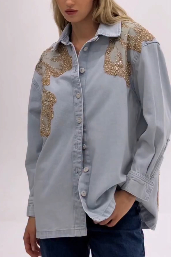 Lady's Sequin Patchwork Denim Long Sleeve Shirt