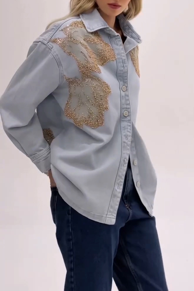 Lady's Sequin Patchwork Denim Long Sleeve Shirt