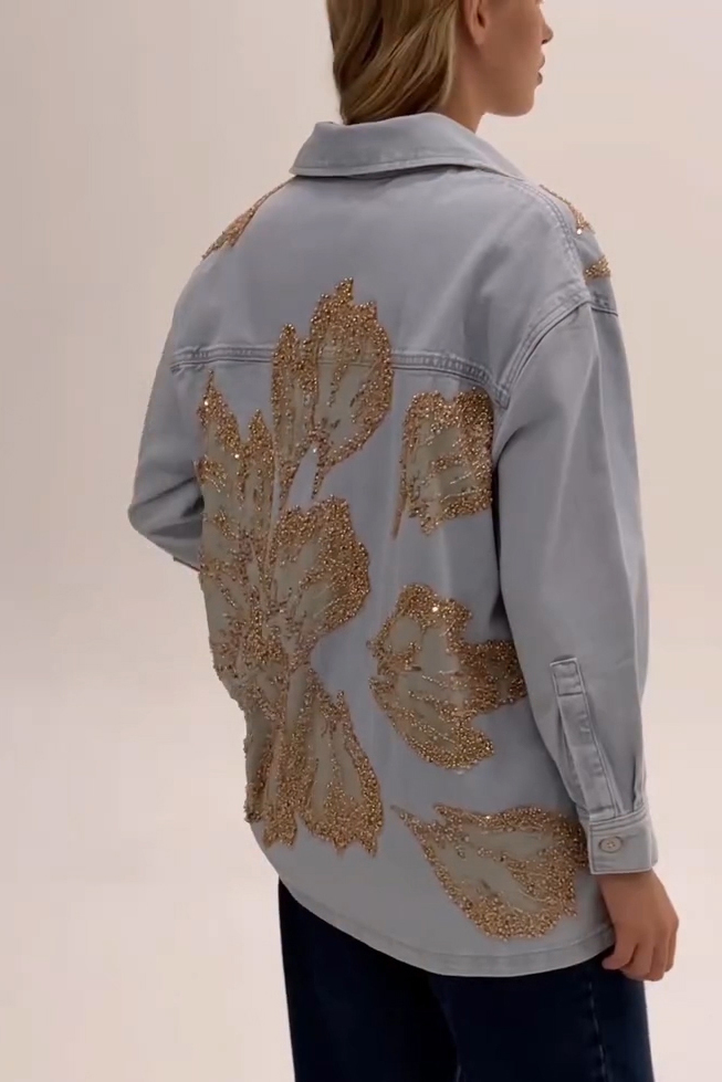 Lady's Sequin Patchwork Denim Long Sleeve Shirt