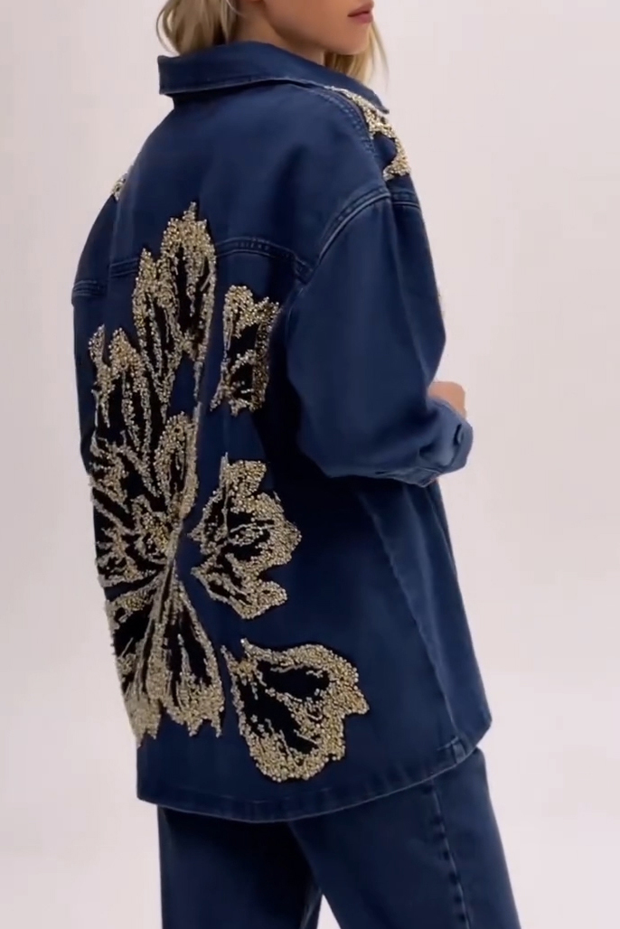 Lady's Sequin Patchwork Denim Long Sleeve Shirt