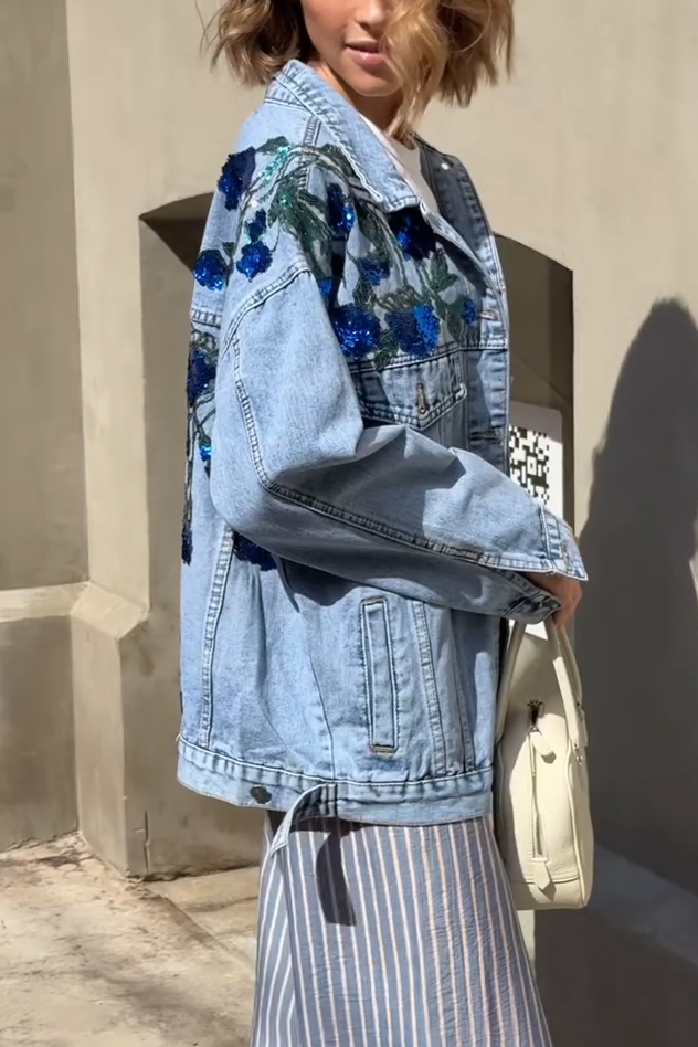 Lady's Embellished Denim Jacket with Floral Sequins Back Detail